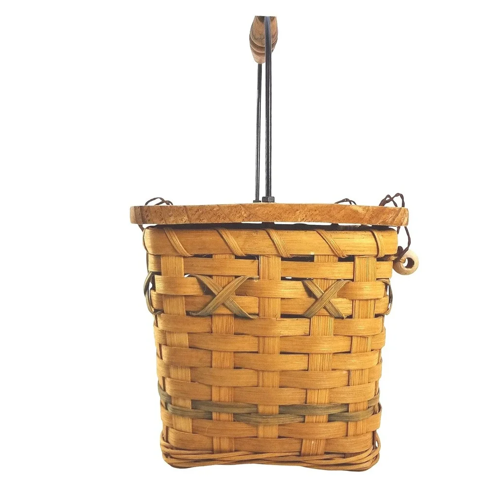 Hand Woven Wood Basket with Heart Cutout Lid Wire Handle‎ Rustic Farmhouse Decor